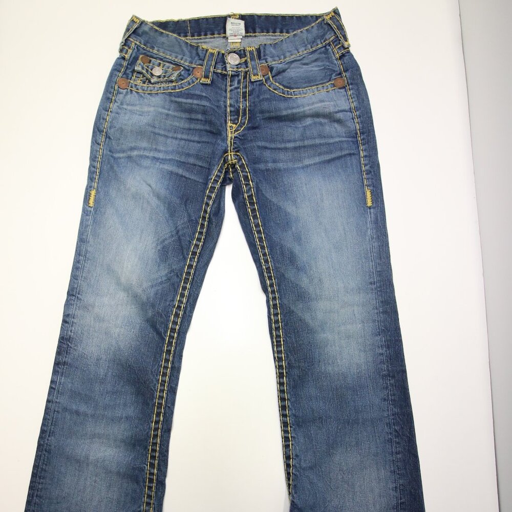 True Religion Billy Super T Thick Stitch Blue Jeans Mens 31 USA Fades Flap Boot - Picture 2 of 16